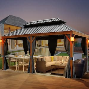 Jager 20 ft. x 12 ft. Coated Aluminium Frame Wood Like Gazebo with Double Coated Aluminium Roofs and Mosquito Net