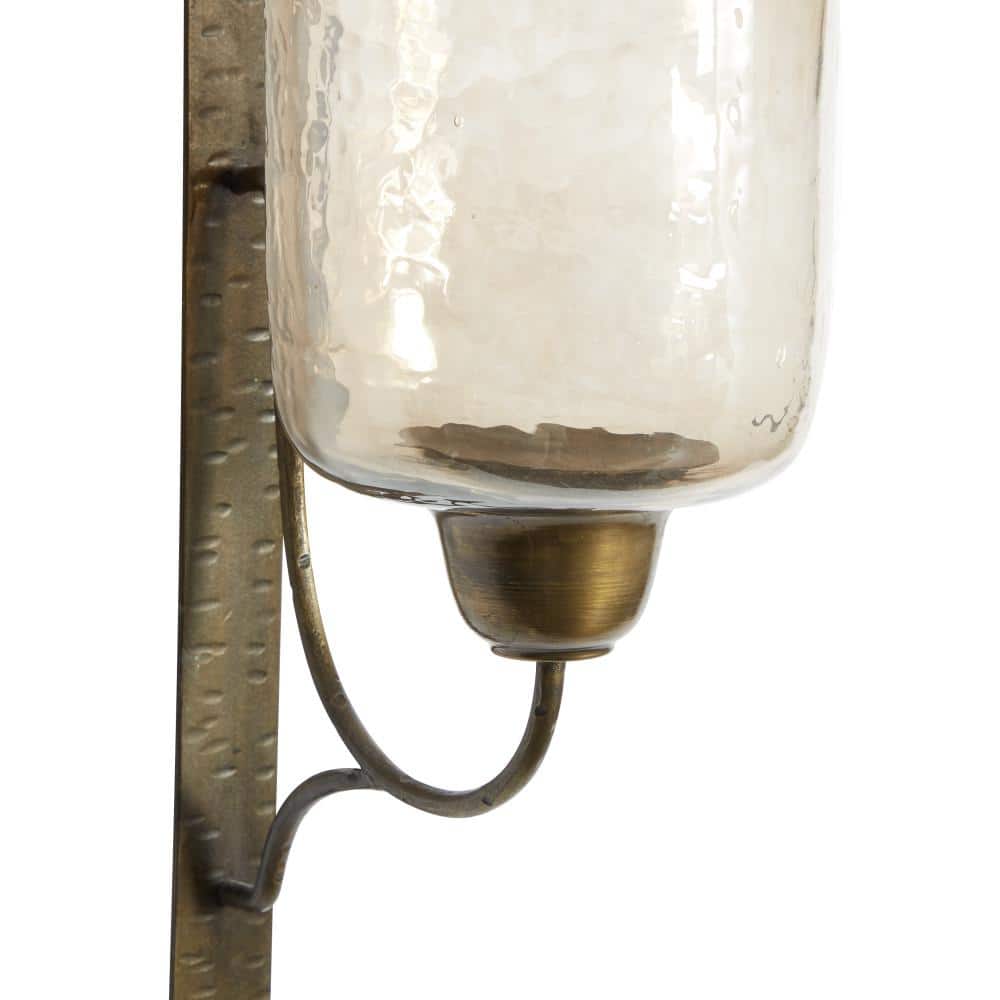 Bronze Geometric Handmade Pillar Wall Sconce with Amber Glass, 7" x 9" x 17"