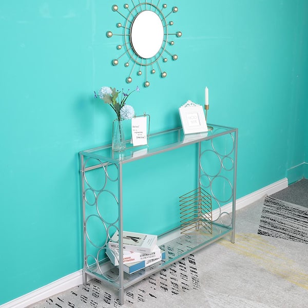 Outopee 40.16 in. Standard Rectangle Silver FCH Toughened Glass Panel Console Table with Shelves