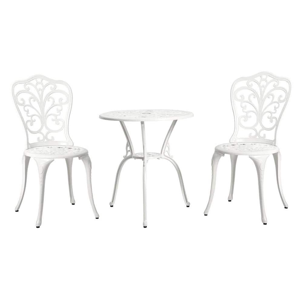 White Cast Aluminum Floral Bistro Set with Iron Legs