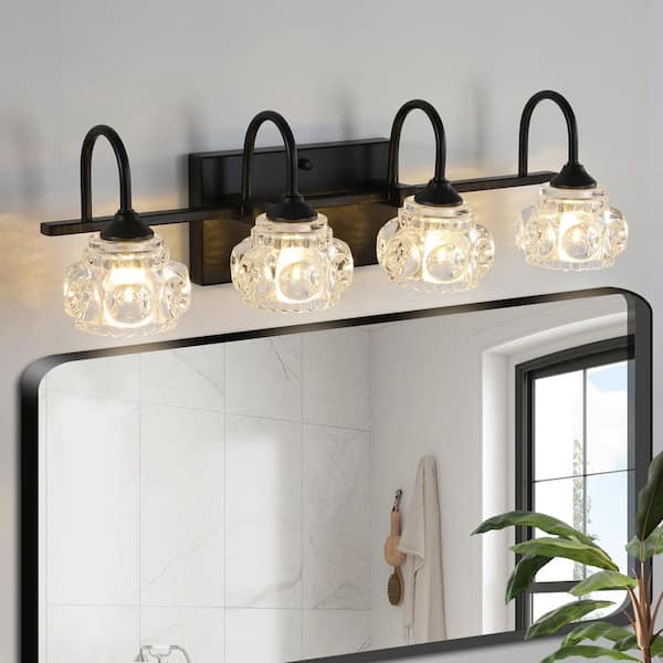 23 in 4 Light Modern Black Grain Finish Vanity Light Fixture Bathroom Over Mirror WallLights Crystal Glass Shades Living