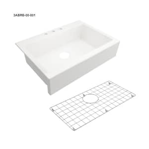 34 in. Farmhouse/Apron-Front 3-Hole Single Bowl White Fireclay Kitchen Sink with Bottom Grid