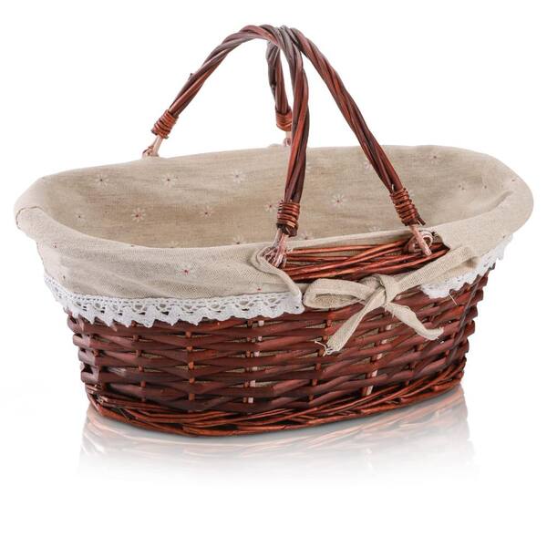 Wicker Basket with Handle and Fabric Liner, 14.6 x 11 x 6.7 in Willow Storage and Harvest Organizer Handle