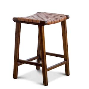 Rez 24 in. Modern Backless Square Tan Genuine Leather Solid Wood Frame Counter Stool