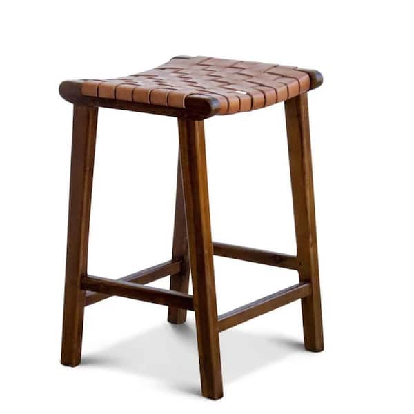 Ashcroft Furniture Co Rez 24 in. Modern Backless Square Tan Genuine Leather Solid Wood Frame Counter Stool