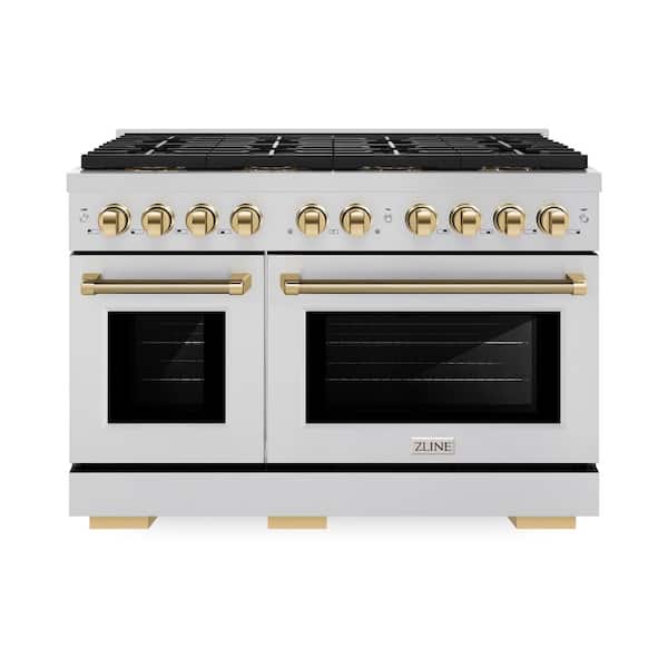 Autograph 48 in. Paramount Gas Range with 8 Burner DuoPro Cooktop and Gas Oven in Stainless Steel w/ Gold Helix Handles