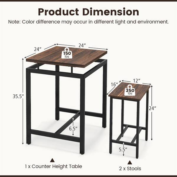 HONEY JOY 3 Piece Square Brown Wood Top Bar Table Set with Stools Floating Tabletop and Footrest Industrial Pub for Small Space TOPB007955