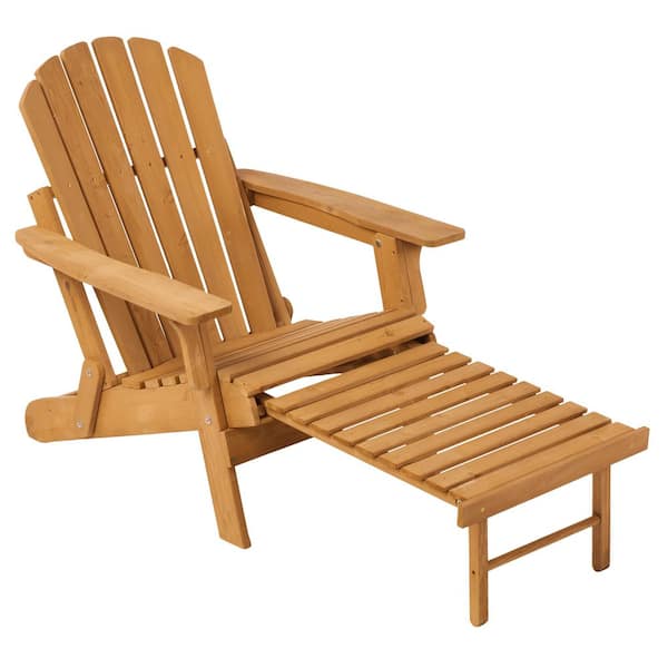 Light Brown Folding Wood Adirondack Chair with Retractable Ottoman for Garden Backyard Porch Pool (1-Pack)