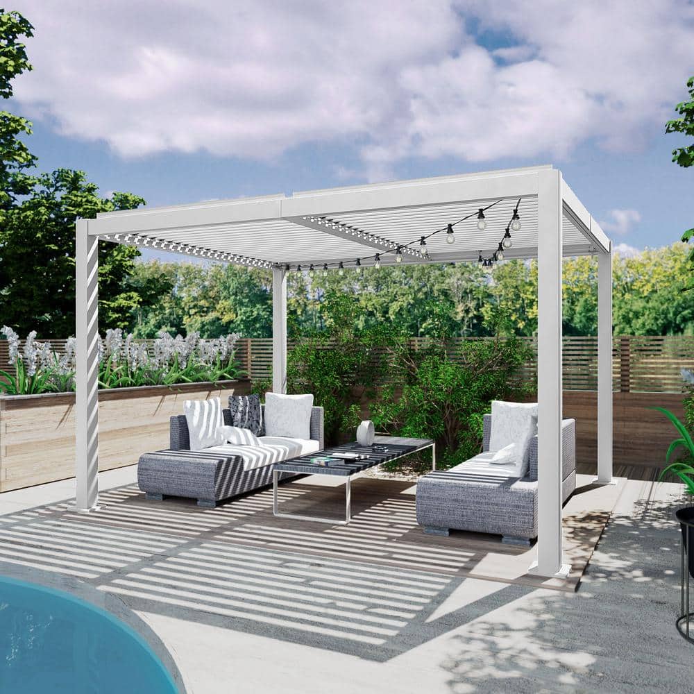 White Aluminum 10'x12' Outdoor Louvered Pergola with Adjustable Roof