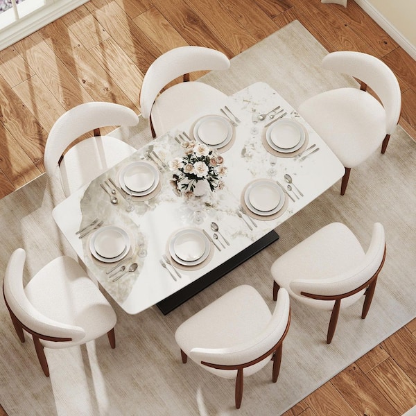 62.99 in. Pandora White Rectangle Sintered Stone Tabletop Dining Table with Pedestal Black Carbon Steel Base (Seats 6)