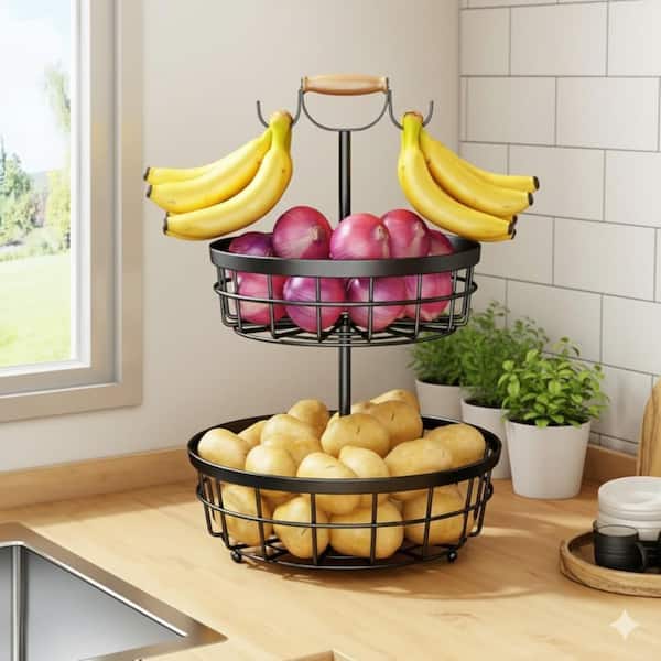 2 Piece Dual Banana Hanger Wood Handle 2-Tier Metal Wire Fruit Bowls and Vegetable Storage Basket Kitchen Set Black