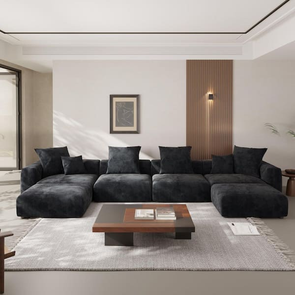 6-Piece Black 181 in. Corduroy Velvet U-Shaped Sectional Sofa with Ottoman and Removable Covers Living Room Set