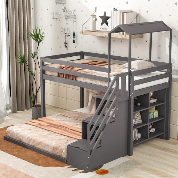 Qualler Gray Twin Over Full Roof Bunk Bed With Staircase And Shelves  Bew000914E - The Home Depot