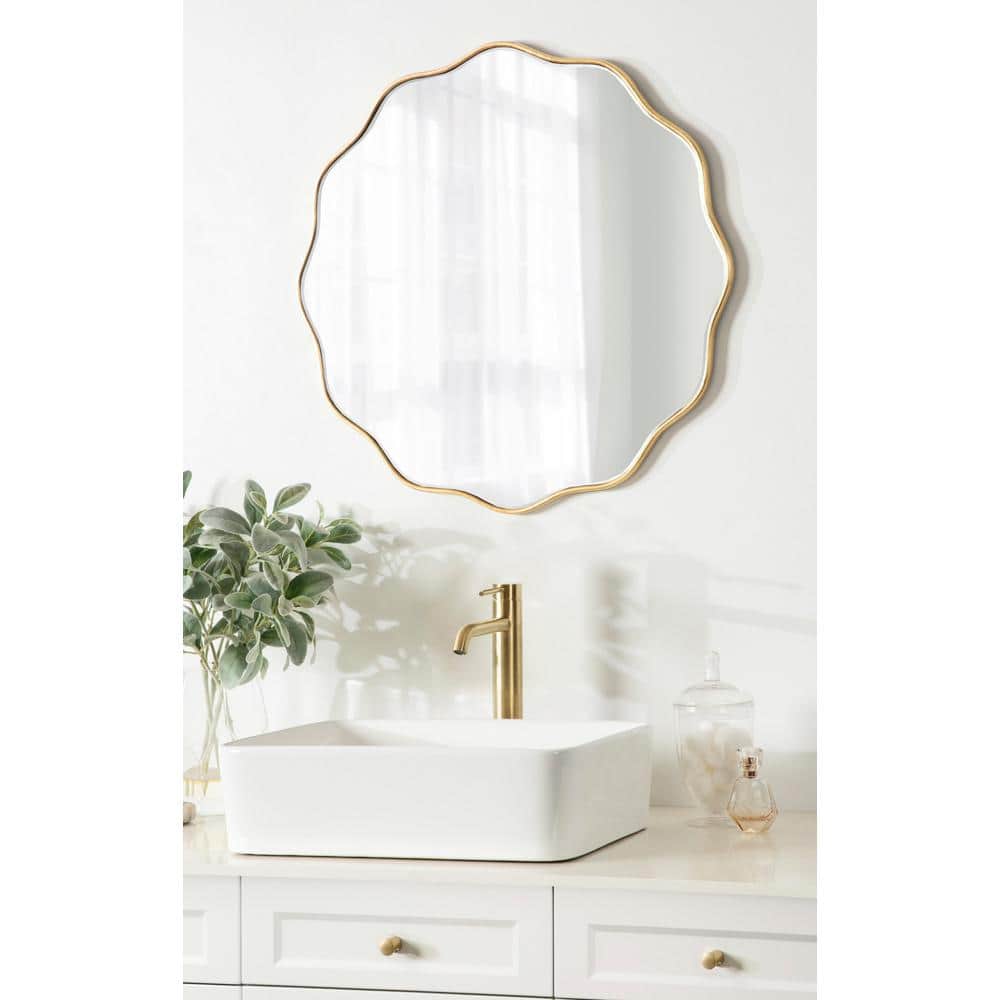 Elegant Viona 29" Round Scalloped Wall Mirror in Gold Finish
