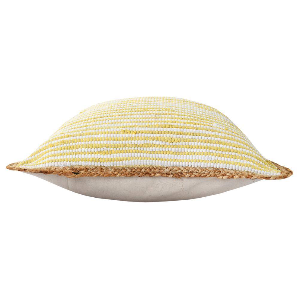 Yellow and White Striped Cotton and Jute 20" Square Throw Pillow