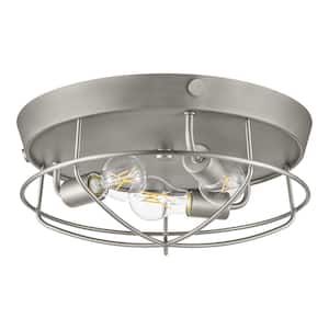 Southbourne 15.75 in. 3-Light Antique Nickel Flush Mount with Open Steel Cage Shade