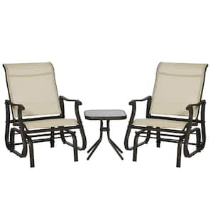 Beige 3-Piece White Metal Gliding Chair and Tea Table Set Lawn Chair with Tempered Glass