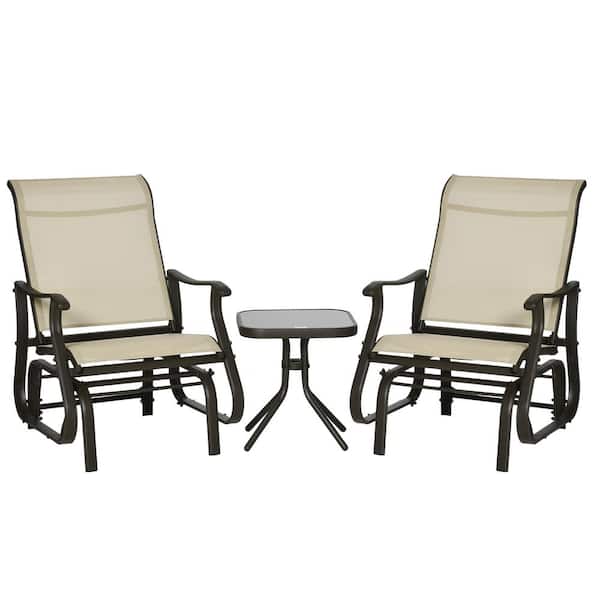 Outsunny Beige 3-Piece White Metal Gliding Chair and Tea Table Set Lawn Chair with Tempered Glass