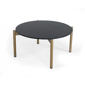 Valerie 35.5 in. Black Marble, Gold Round Stone Coffee Table