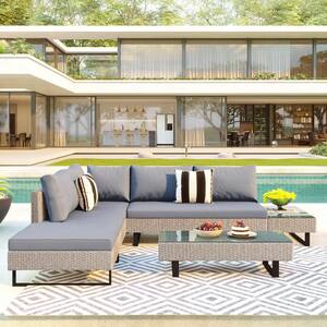 Beige 3-Pieces Wicker Patio Sectional Seating Set with Light Gray Movable Cushion and Rectangular Coffee Table