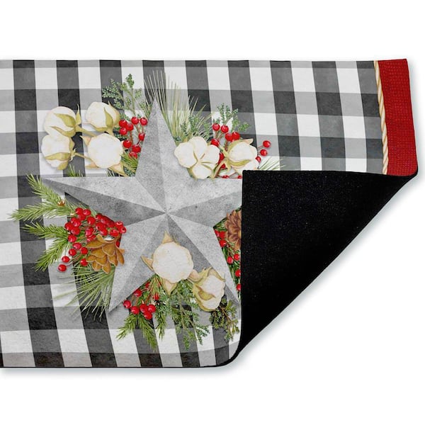 Gingham and Floral Star Shape Red 18 in. x 30 in. Polyester Non-Slip Outdoor Door Mat