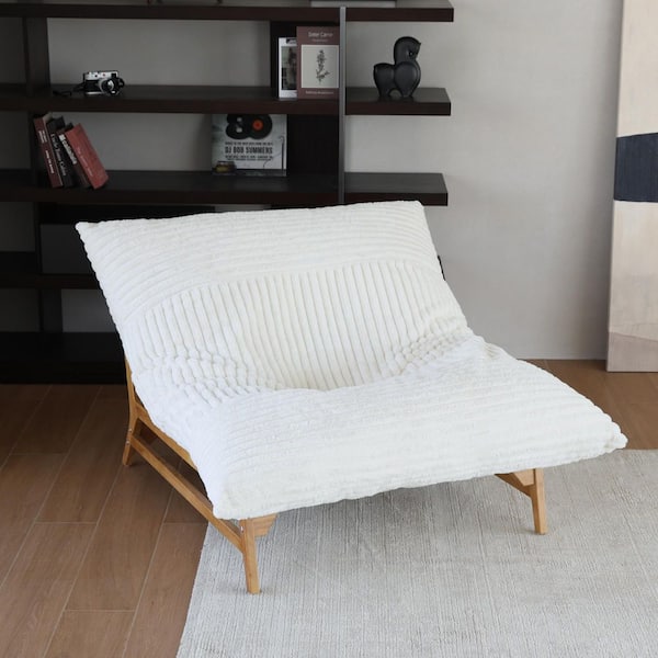 J&E Home Beige Rabbit Hair Plush Fabric Solid Wood Recliner Chair With Bean Cushion