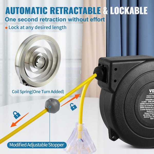 VEVOR 50 ft. 14AWG / 3C 13 Amp Retractable Extension Cord Reel VEVOR 50 ft. 14AWG / 3C 13 Amp Retractable Extension Cord Reel