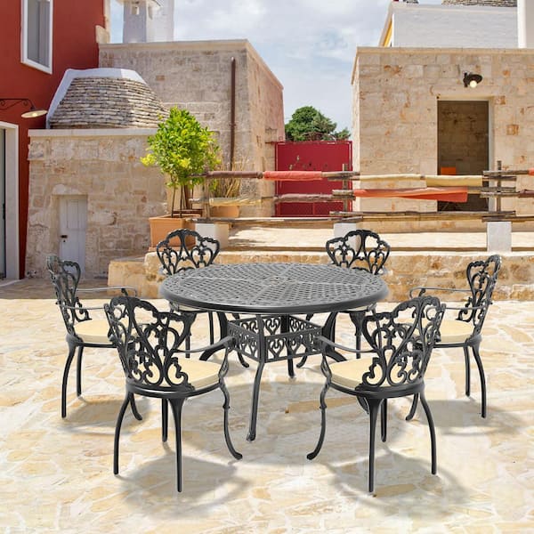 Willit Lily Black 7-Piece Cast Aluminum Outdoor Dining Set with Round Table and Dining Chairs with Random Color Cushion