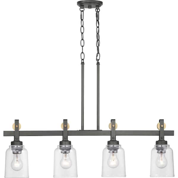 Knollwood 4-Light Antique Bronze Linear Chandelier with Vintage Brass Accents and Clear Glass Shades