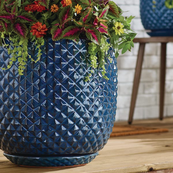 Vigoro Preston Large Blue Ceramic Planter with Attached Saucer and Drainage  Holes (18 in. L x 18 in. W x 18 in. H) CR00869S-180M - The Home Depot