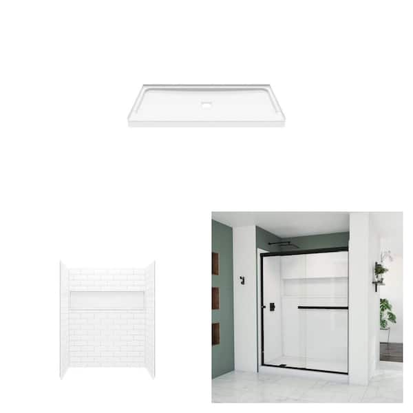 Aloha 60 in. x 30 in. Shower Pan, 60 in. x 30 in. x 74 in. Subway Tile Wall Kit and 56-60 in. Sliding Door Combo