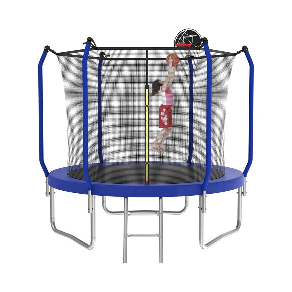 Boosicavelly 10 ft. Blue Galvanized Anti-Rust Outdoor Round Trampoline with Basketball Hoop and Enclosure Net