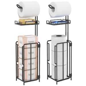 Two Stood Freestanding Toilet Paper Holder with Storage Shelf and Extra Roll Holder in Black