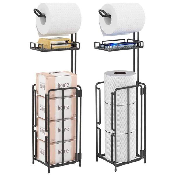 Zeus & Ruta Two Stood Freestanding Toilet Paper Holder with Storage Shelf and Extra Roll Holder in Black