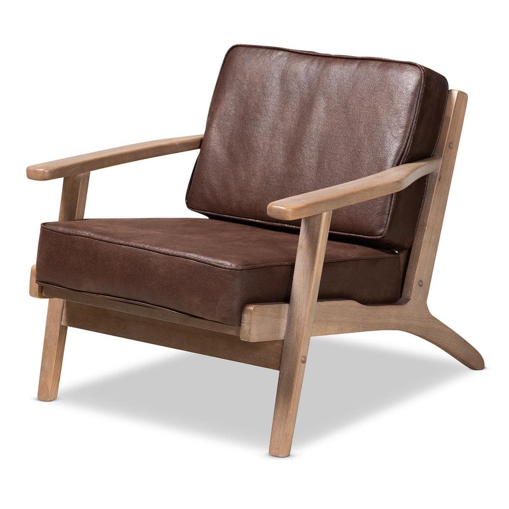 Dark Brown Faux Leather and Oak Mid-Century Accent Chair