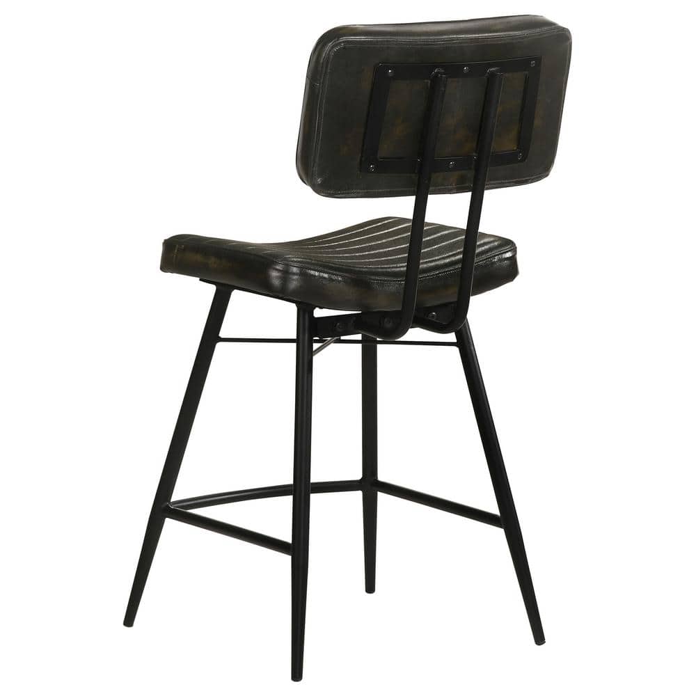 Dark Brown Leather and Wood Saddle Counter Stools, Set of 2