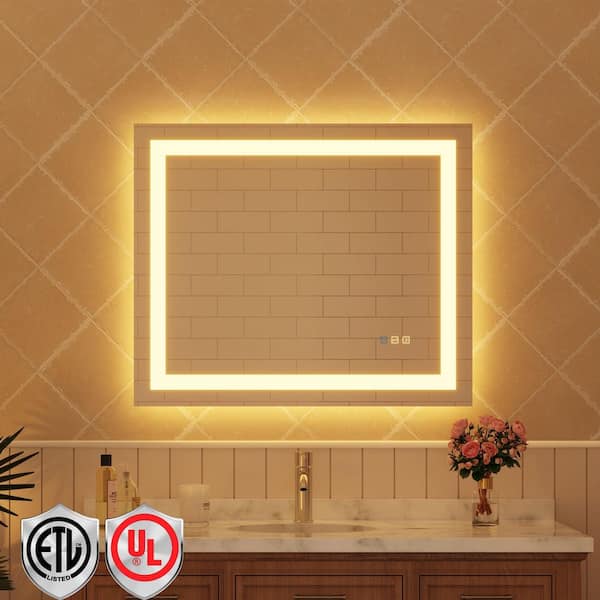 36 in. W x 30 in. H Rectangular Frameless LED Light Anti-Fog Bathroom Wall Mirror with Backlit and Front Light
