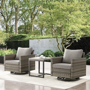 3-Piece Gray Wicker Patio Conversation Deep Seating Set with Gray Cushions Swivel Rocking Chairs