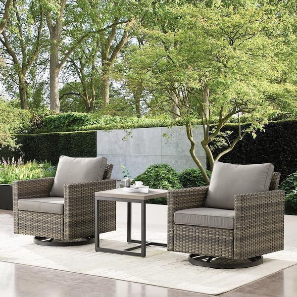 Pocassy 3-Piece Gray Wicker Patio Conversation Deep Seating Set with Gray Cushions Swivel Rocking Chairs