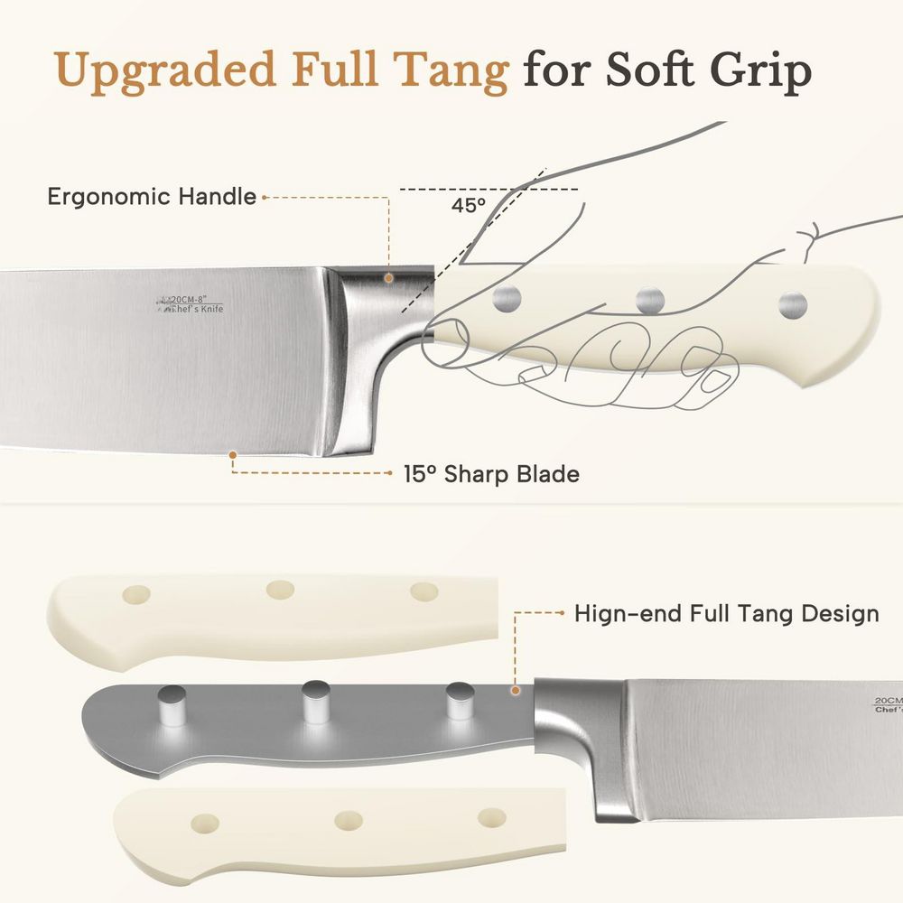 14-Piece Full Tang Stainless Steel Knife Set with Block and Sharpener, Anti-Slip Ergonomic Handle, Dishwasher Safe