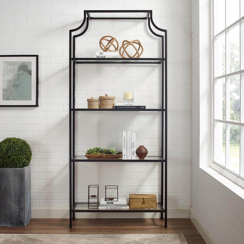 Black Steel Modern Pagoda-Style Etagere with Glass Shelves