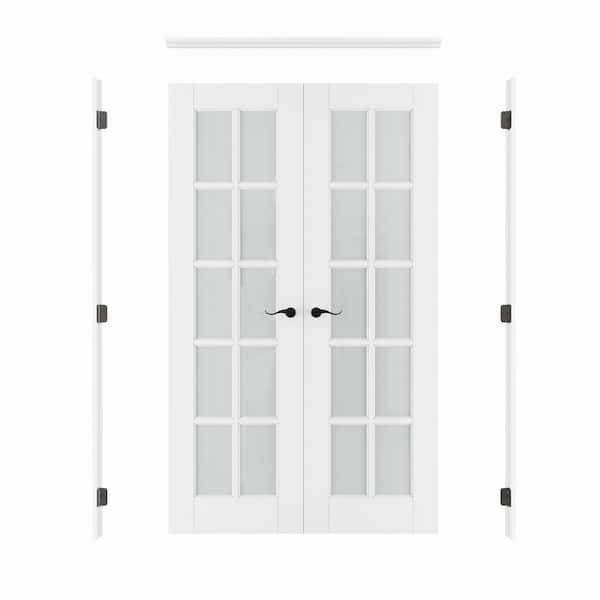 48in. x 80in. 10-Lite Frosted Glass Universal White Solid Core Glass Double Prehung French Door Plus Quick Assemble Jamb