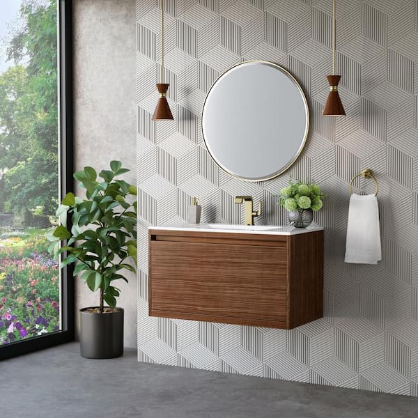 Mantova 35.4 in. W x 18.1 in. D x 36 in. H Single Bathroom Vanity Mid-Century Walnut and Engineered Stone Composite Top