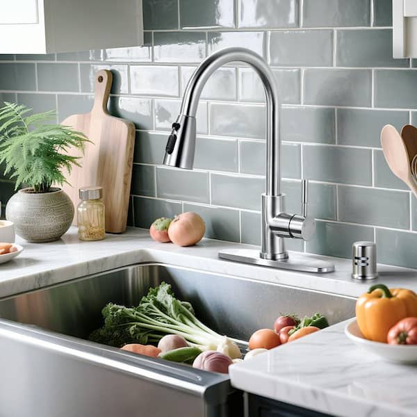 Single Handle Pull Down Sprayer Kitchen Faucet Stainless Steel with Deck Plate and Air Gap Kit in Brushed Nickel