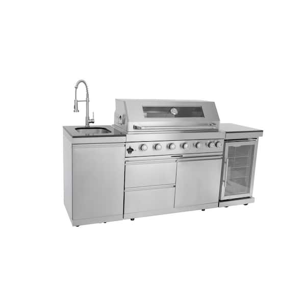 Deluxe 6-Burner 85000BTU Propane Grill Island 44 in. Stainless Steel Rotisserie, Refrigerator, Sink Cabinet, Gray