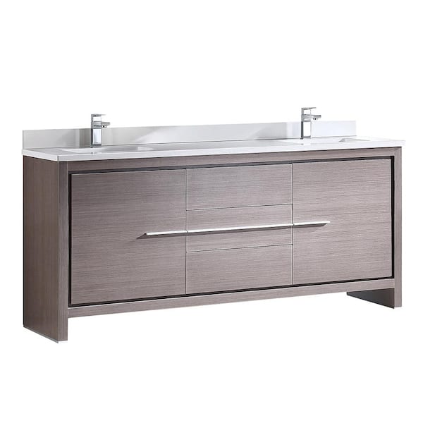 Fresca Allier 72 in. Double Vanity in Gray Oak with Glass Stone Vanity Top in White with White Basin