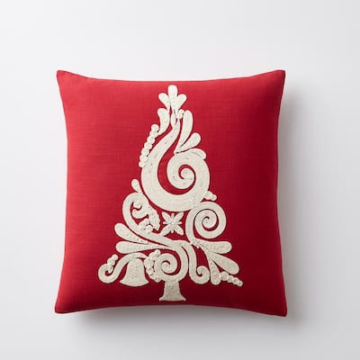 Christmas Tree Red Graphic Embroidered Decorative 18 in. Square Pillow Cover