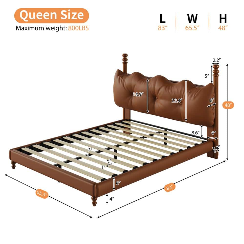 Queen Size Coffee Faux Leather Upholstered Bed with Tufted Headboard