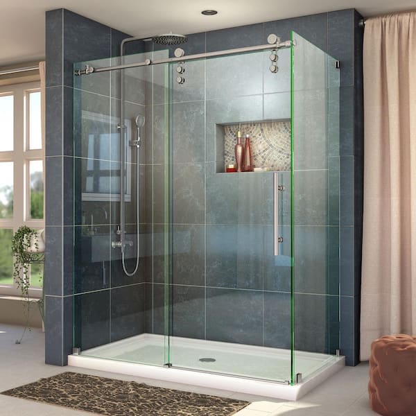 Enigma-Z 34-1/2 in. D x 56-3/8 to 60-3/8 in. W x 76 in. H Frameless Corner  Shower Enclosure in Brushed Stainless Steel