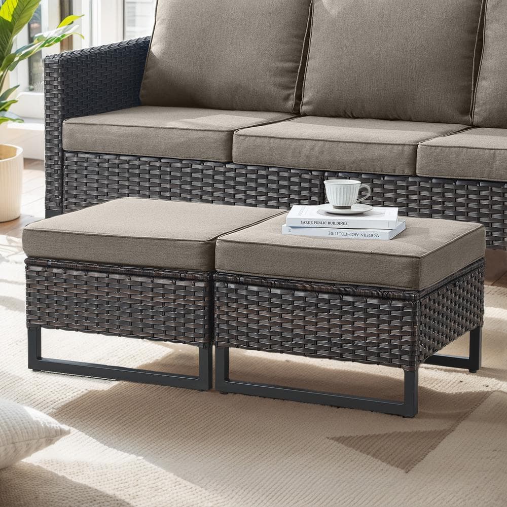 Opohoro Brown Wicker Outdoor Ottoman with Metal Legs, Rattan
